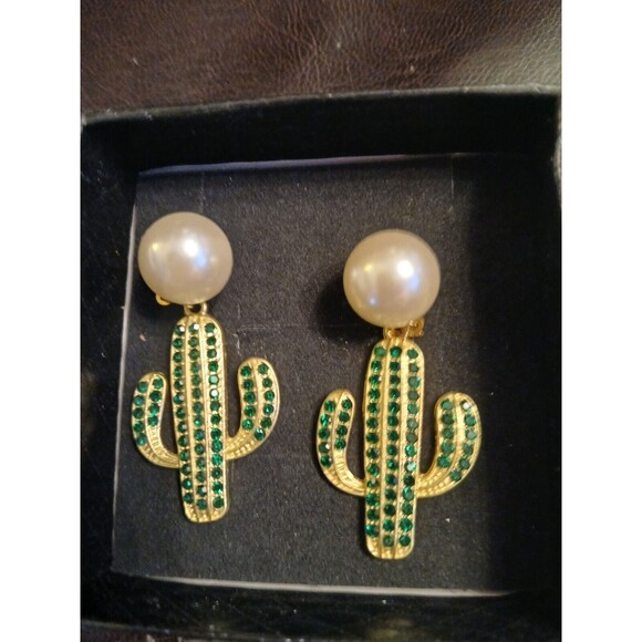 Gold Cactus Green Rhinestones Large Pearl Dangle Earrings - Picture 3 of 4